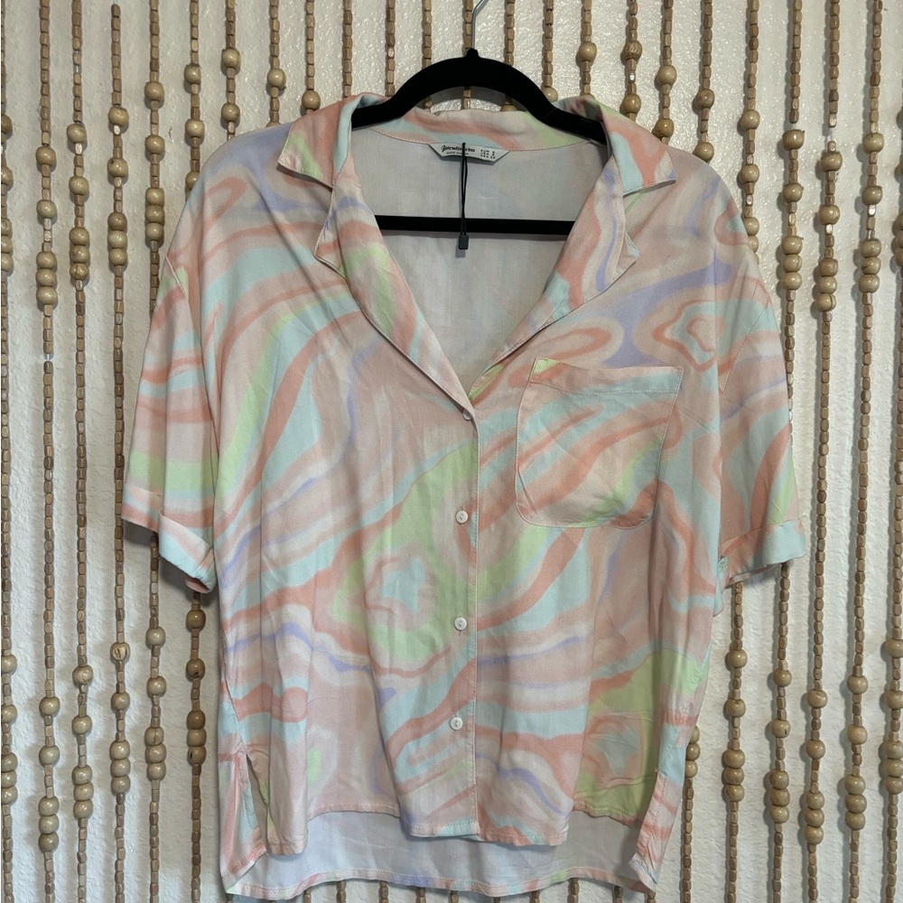 Stradivarius ASOS NEW Marble Pastel Hippie Retro Short Sleeve Button Down Top S